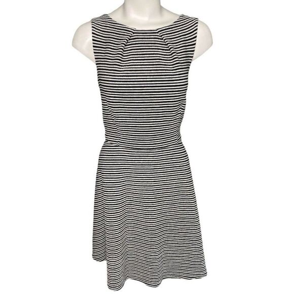 Elle Black White Stripe Pleated Neck Fit & Flare Dress Sz Large - Picture 1 of 9